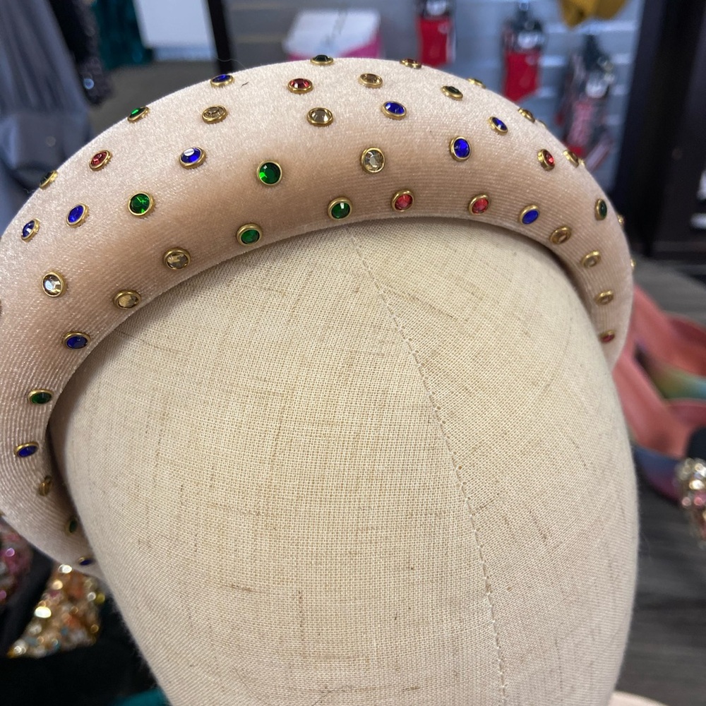 Embellished Beige Headband with Multicolor Gems